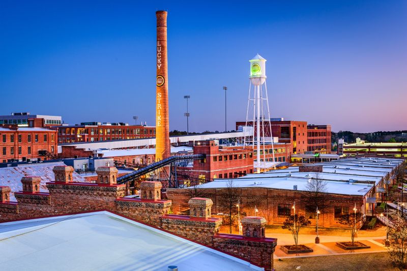 Durham North Carolina cityscape with skyline and urban development view