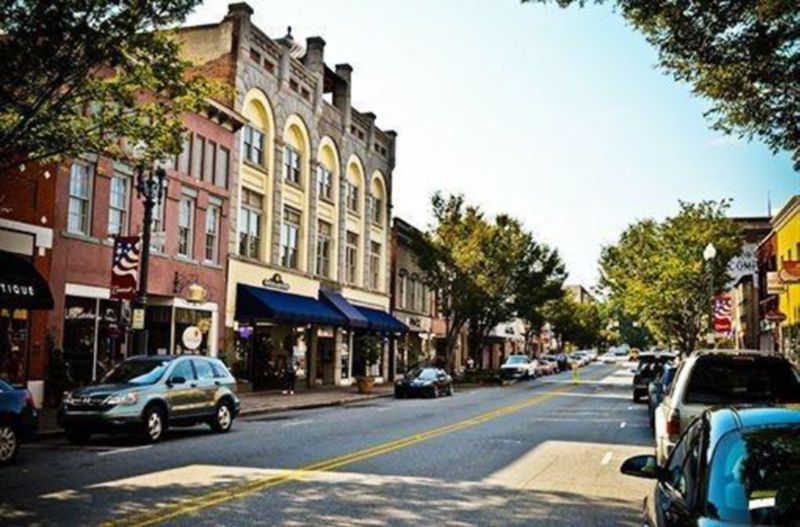 Downtown Knightdale North Carolina streetscape with shops and historic buildings
