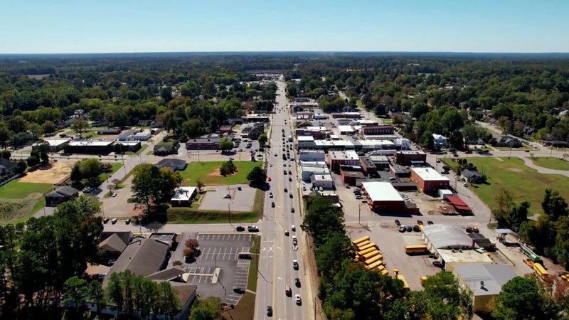 Aerial view of downtown Lillington North Carolina along main road